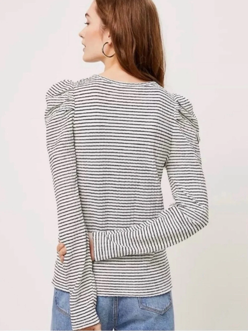 LOFT Striped Puff-Shoulder Long-Sleeve Top